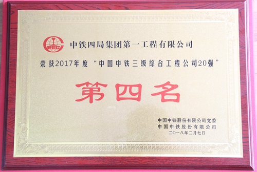 公司荣获2017年度“中国中铁三级综合工程公司20强”第四名