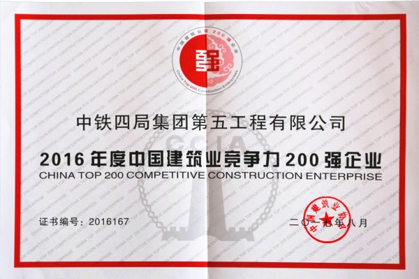 中国建筑业竞争力200强企业称号